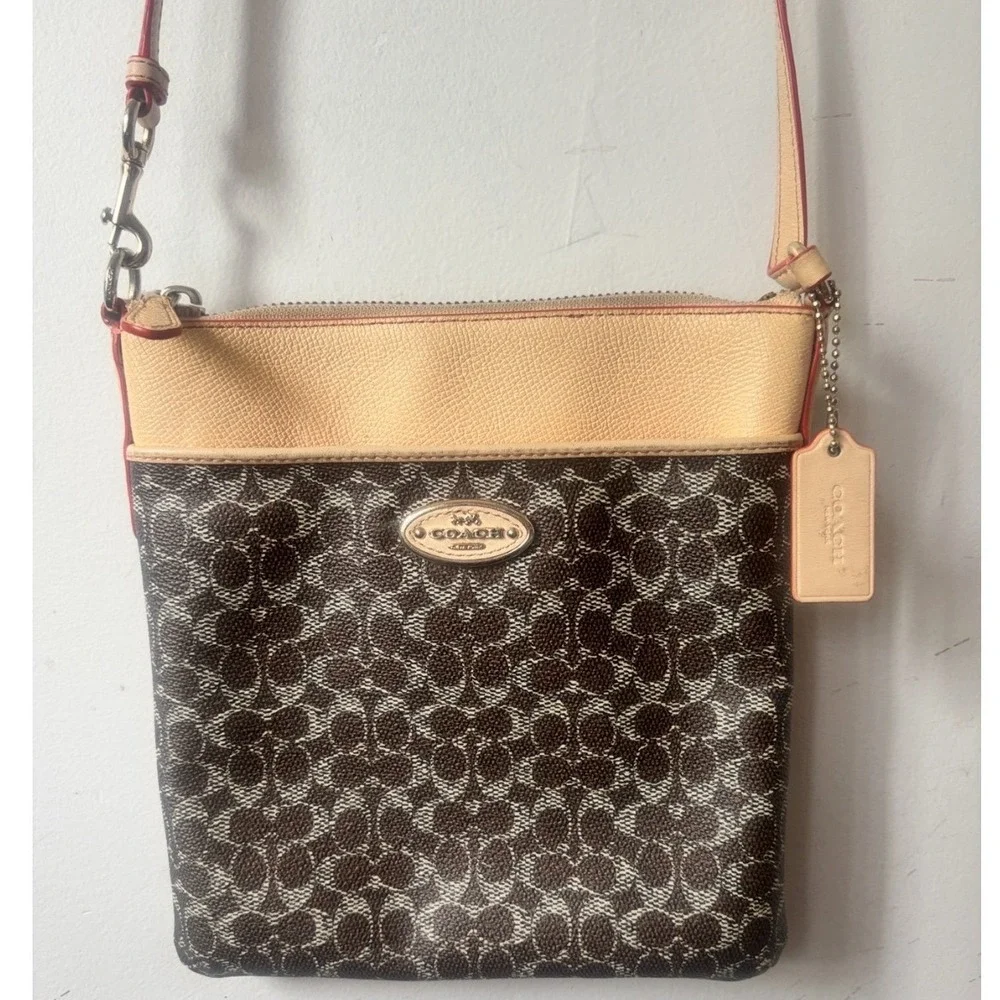 Vintage Coach Courier Crossbody Bag Signature Monogram Tan Leather Brown 53006